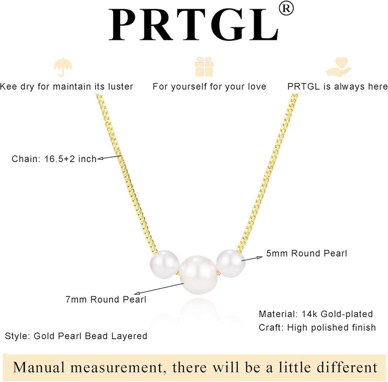 PRTGL Store Pearl Necklace: 14K Gold-Plated/White Gold-plated Pearl Necklace for Women 16.5” + 2” - Image 5
